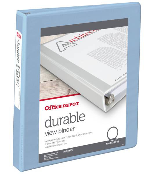 Office Depot® Brand 3-Ring Durable View Binder, 1" Round Rings, Baby Blue