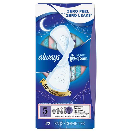 Always Infinity FlexFoam Pads for Women, Size 5, Extra Heavy Overnight Absorbency, Unscented, 22 Count
