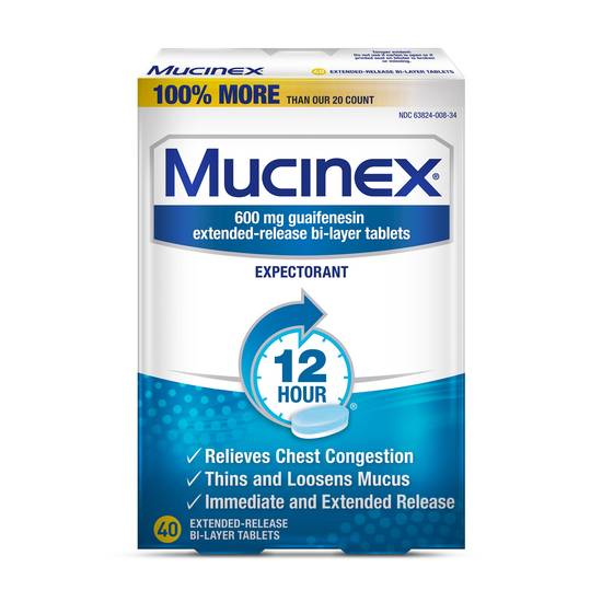 Mucinex 12HR Cough & Chest Congestion Expectorant Relief Tablets, 40 CT