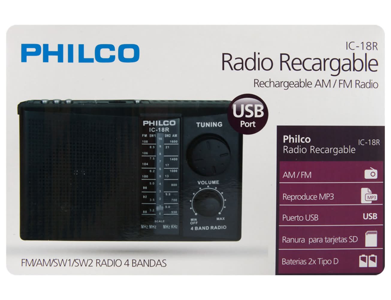 Philco · Radio portátil recargable, con usb/sd
