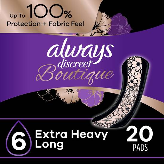 Always Discreet Boutique Incontinence Pads 6 Drop Extra Heavy Absorbency, Long, 20 CT
