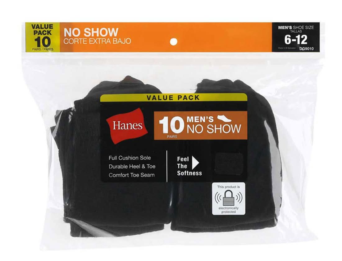 Hanes Men'S No Show Socks- Black 10 Pack Shoe Size 6-12