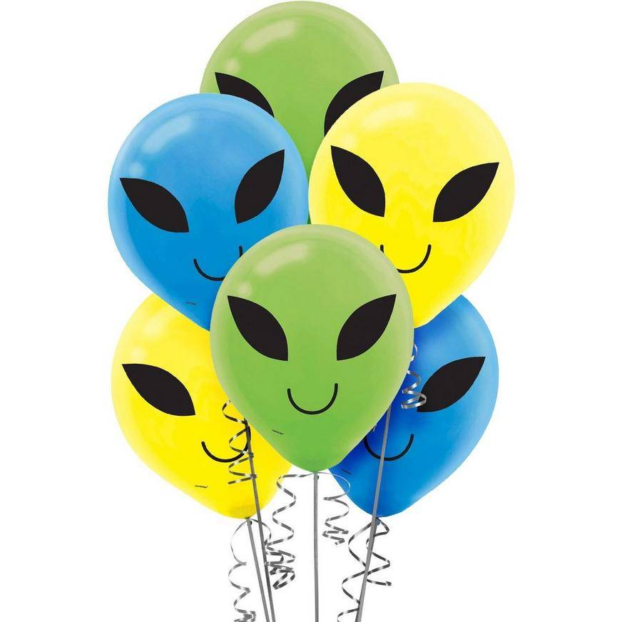 Party City Blast Off Alien Latex Balloons, 12inches, Blue,Green ,Yellow (15 ct)