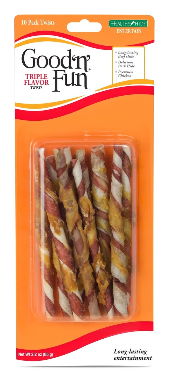 Good 'N' Fun All Size Dogs Adult Rawhide Twists Beef/Chicken/Pork 10 Pk