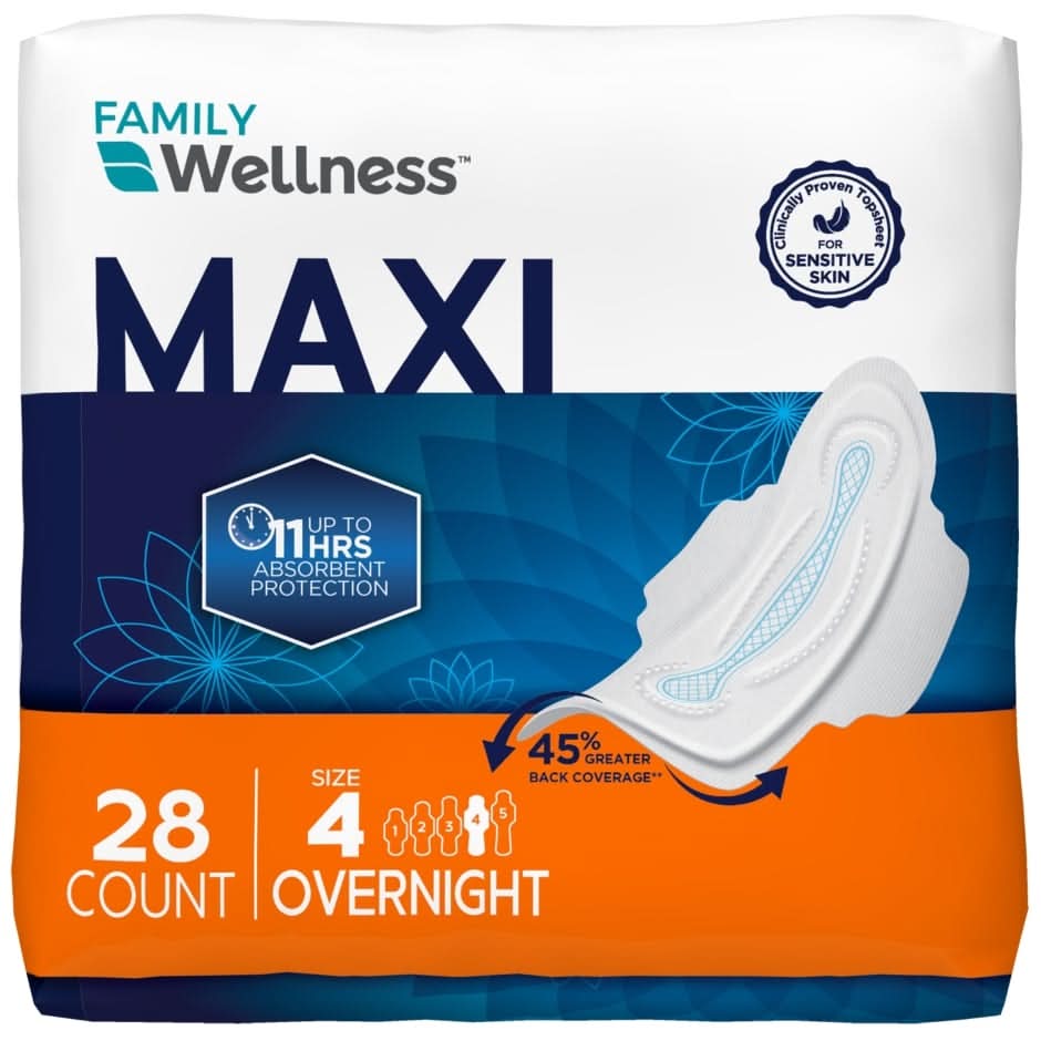 Family Wellness Maxi Flexi Wings Overnight Absorbency Unscented Pads, 4 (28 ct)