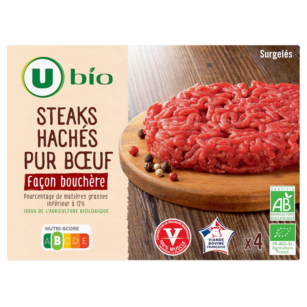 Les Produits U - U bio steaks hachés pur bœuf façon bouchère (4 pièces)