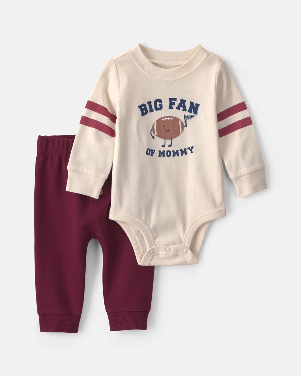 Baby Boy 2-Piece 'Big Fan Of Mommy' Football Long-Sleeve Bodysuit & Pant Set - Red/Cream - 3M