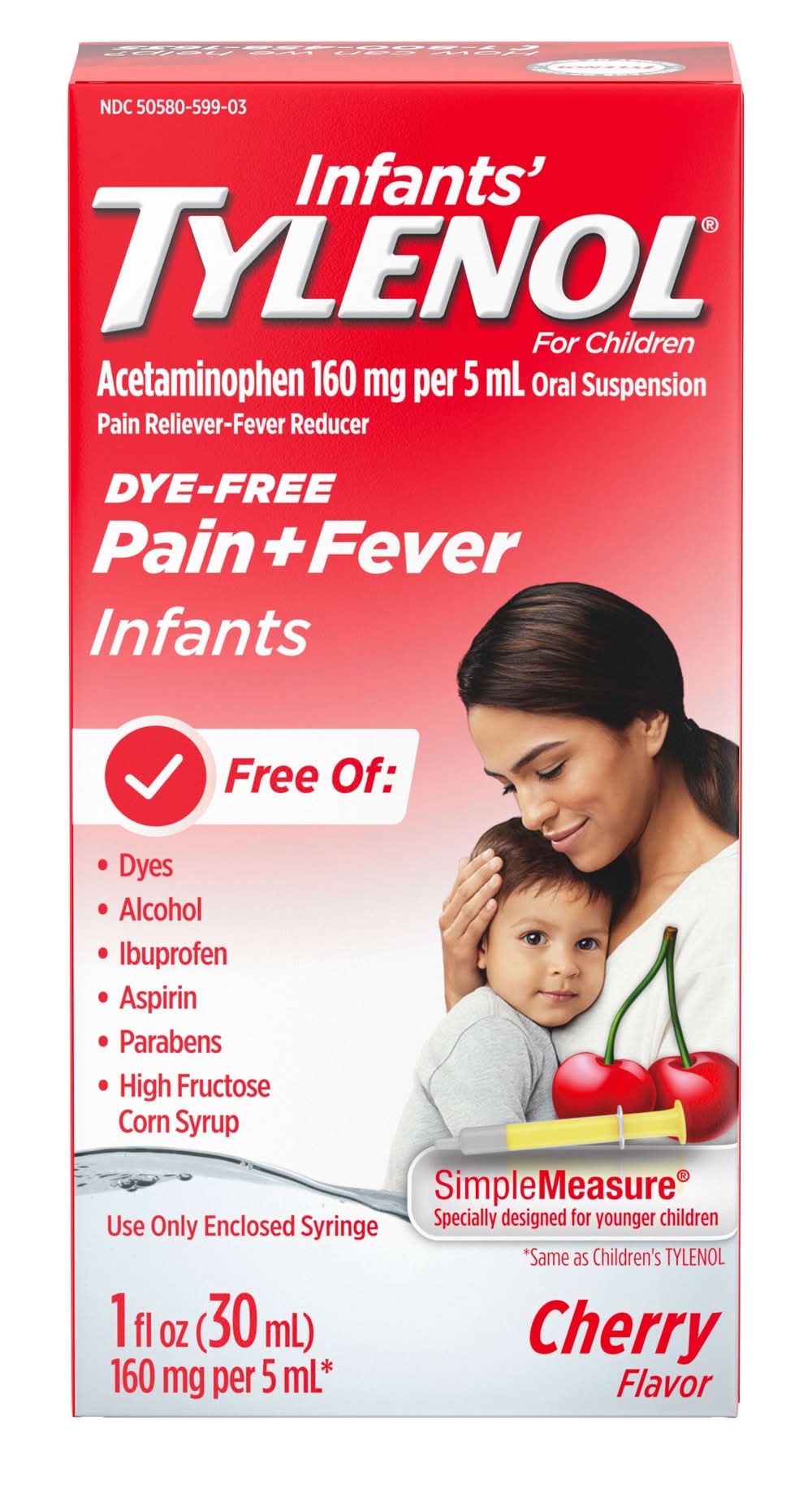 Tylenol Infants' Dye-Free Pain + Fever Liquid Oral Suspension For Children, Cherry (1 fl oz)