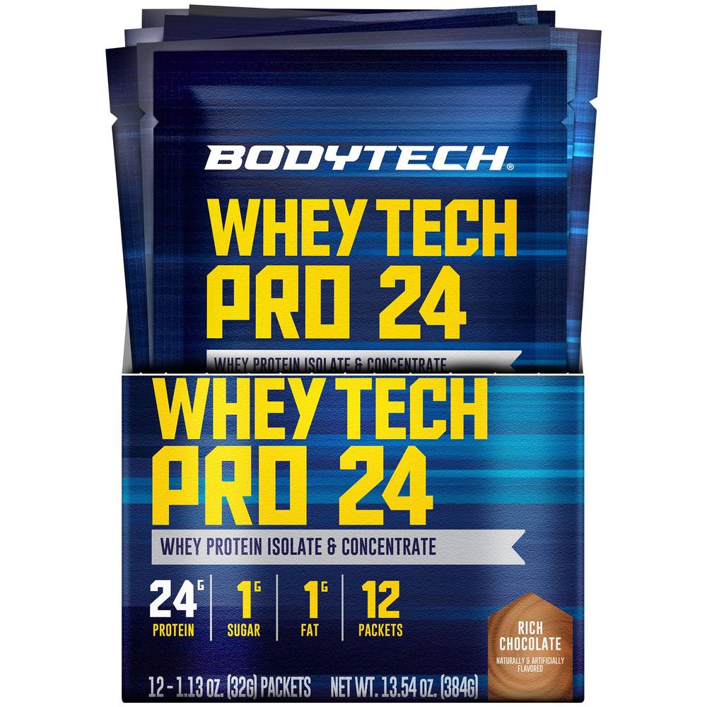 BodyTech Whey Tech Pro 24 Protein Isolate & Concentrate Powder, Rich Chocolate (1.13 oz, 12 ct)