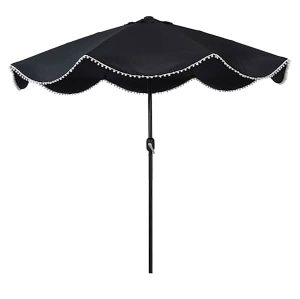 Black Crank & Tilt Round Patio Umbrella with Pom-Pom Fringe, 9'