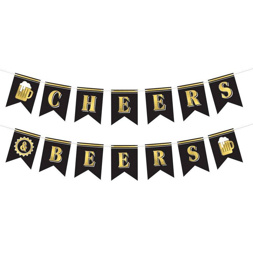 Party City Cheers Beers Cardstock Pennant Banner (15 ft/black-gold)