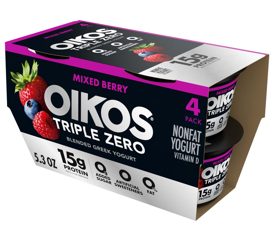 Oikos Triple Zero Blended Greek Yogurt, Mixed Berry (4 x 5.3 oz)