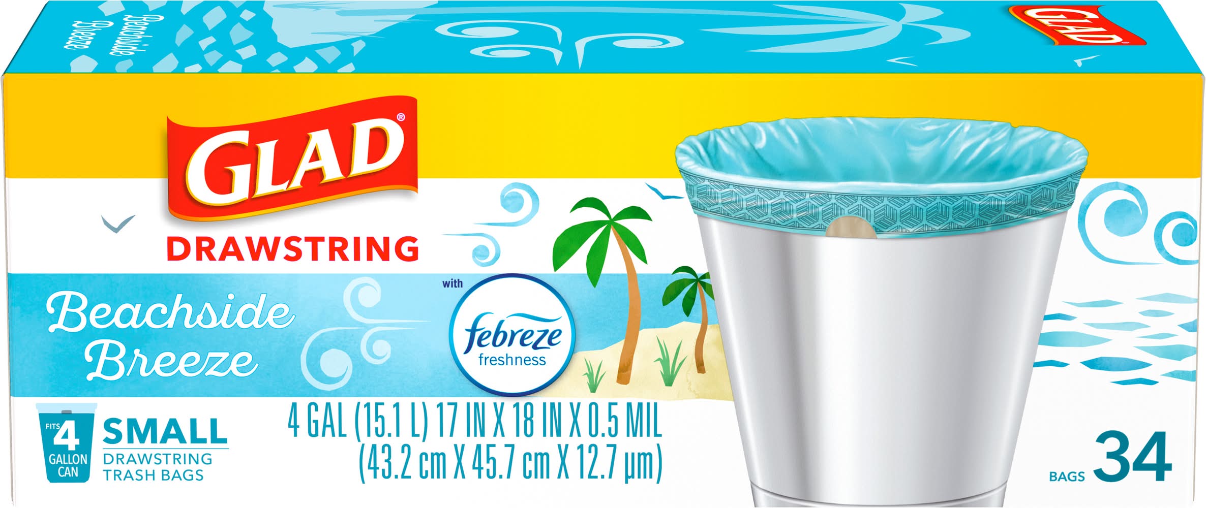Glad Drawstring Trash Bags Fits 4 Gallon Can, Beachside Breeze, S, Blue (34 ct)