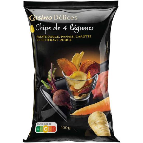 Casino Delices Chips - 4 légumes - Patate douce panais carotte et betterave - 100g
