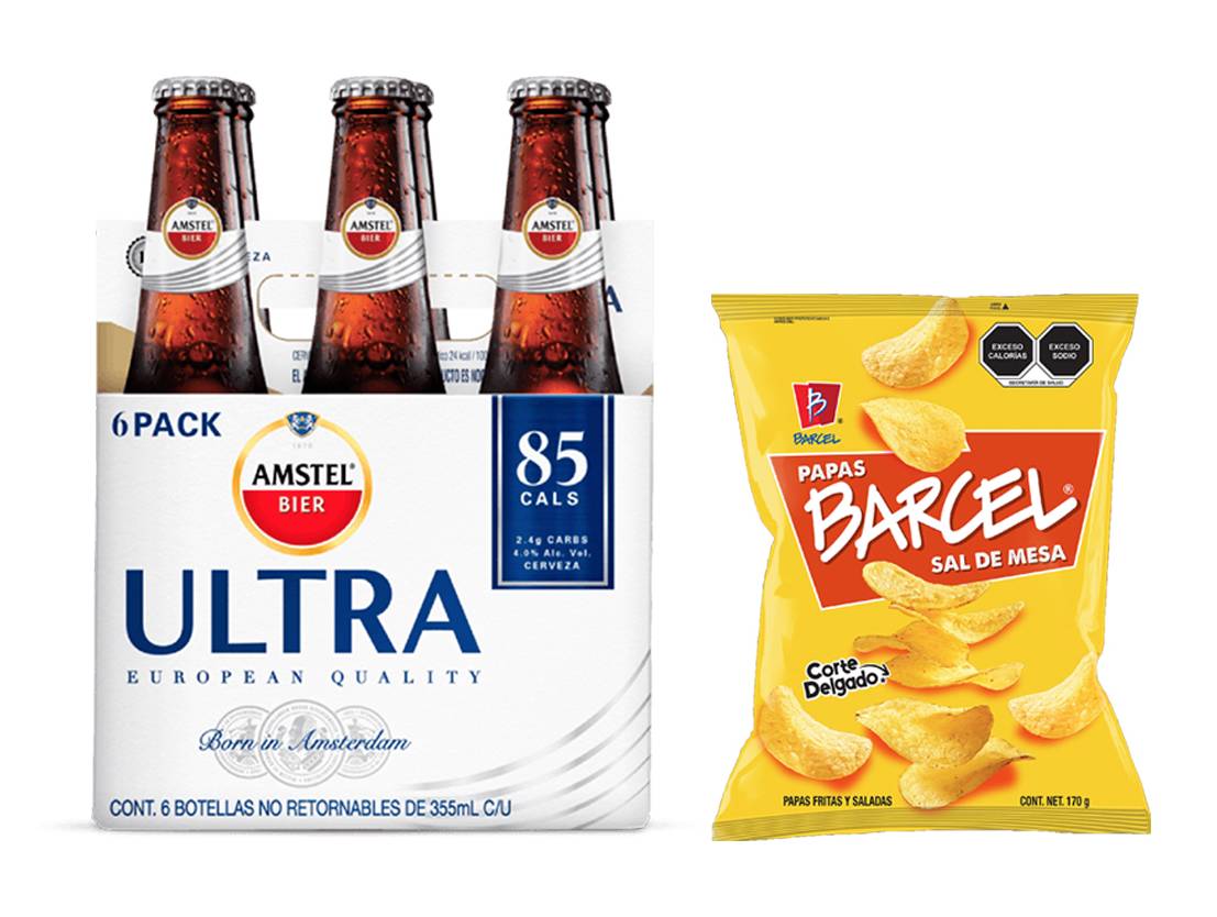 Combo Amstel Ultra Cerveza Botella Six Pack 355 ml - Barcel Papas Sal 170 gr