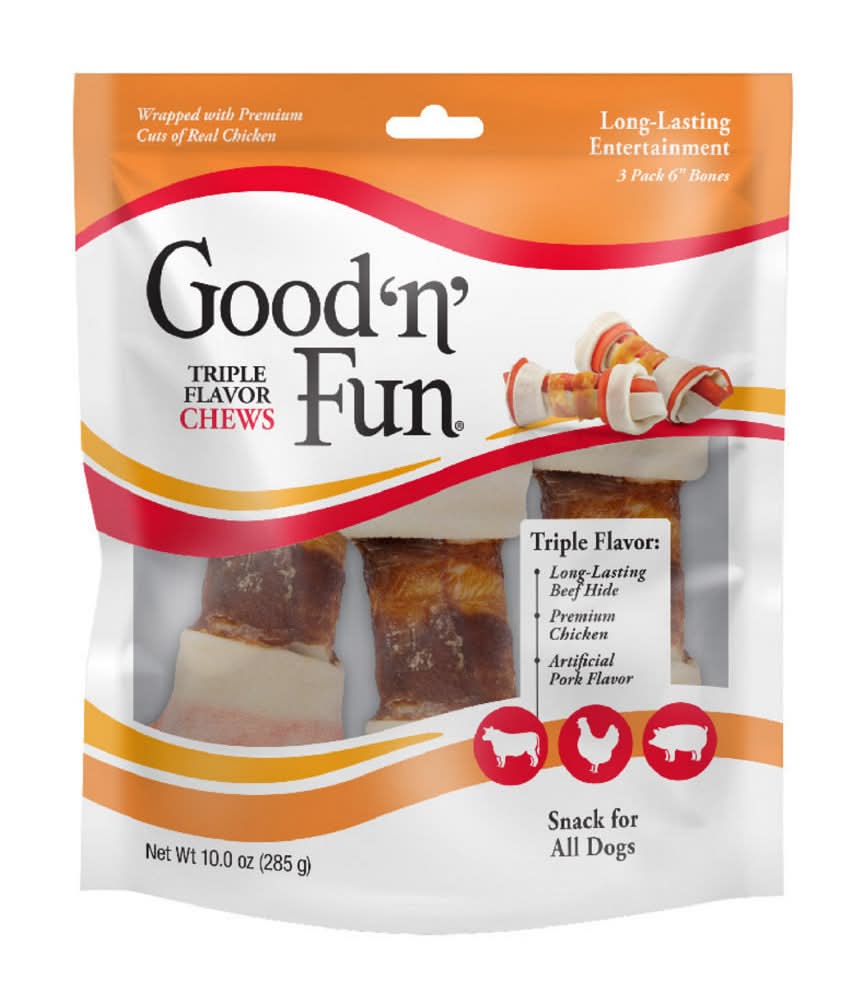 Good 'N' Fun Triple Flavor Chews 3 Count 6 Inch Bones Rawhide For Dogs