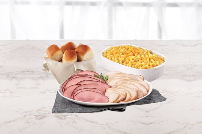 2lb Ham Slices Dinner (Double Cheddar Mac & Cheese Side Dish (simply bake or microwave) & a 4-pack of King's Hawaiian Rolls)