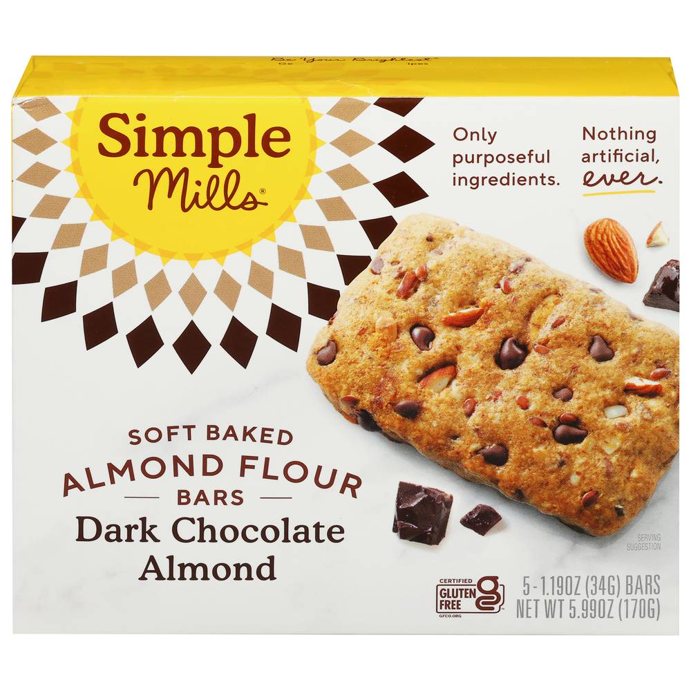 Simple Mills Soft Baked Almond Flour Bars, Dark Chocolate Almond (1.99 oz, 5 ct)