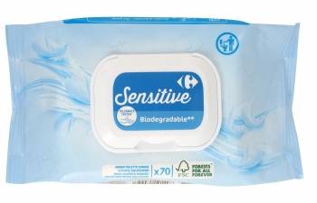 Papel higiénico húmedo sensitive Carrefour 70 ud.