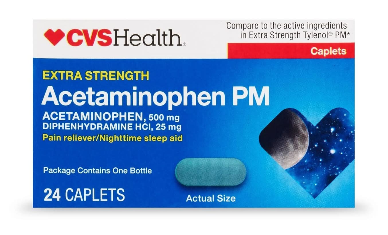 Cvs Extra Stength Acetaminophen Pm Pain Reliever & Nighttime Sleep-Aid Caplets, 24 Ct
