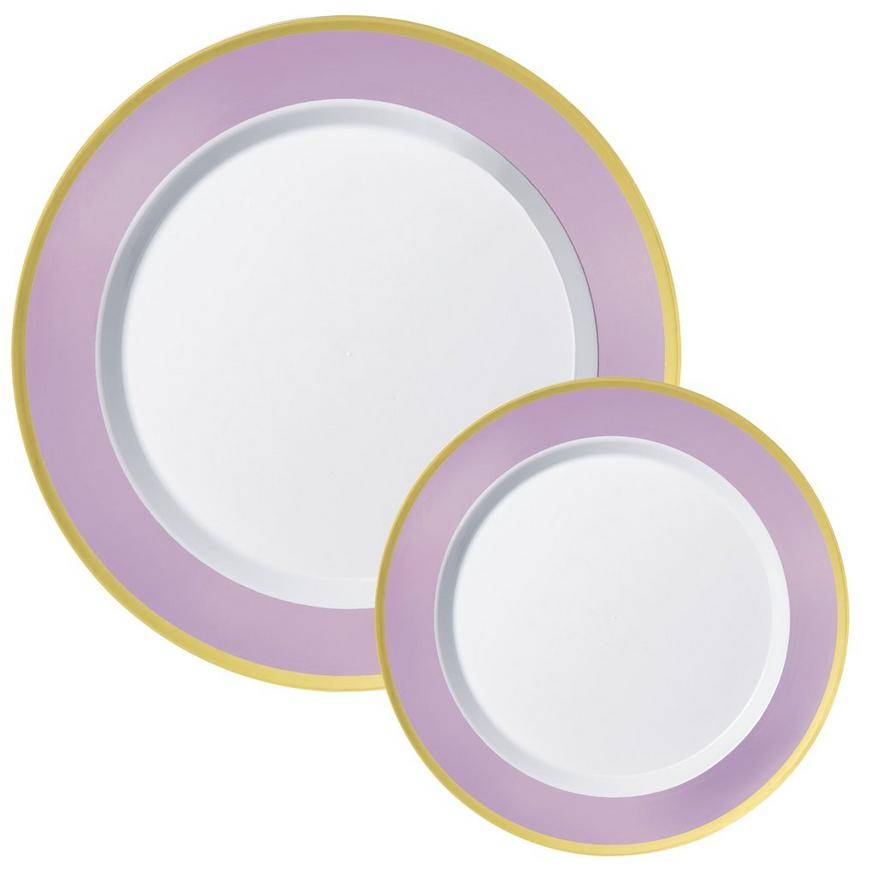 Party City Round Premium Plastic Dinner Dessert Plates With Border, 10.25in-7.5in, Lavender-Gold (20 ct)