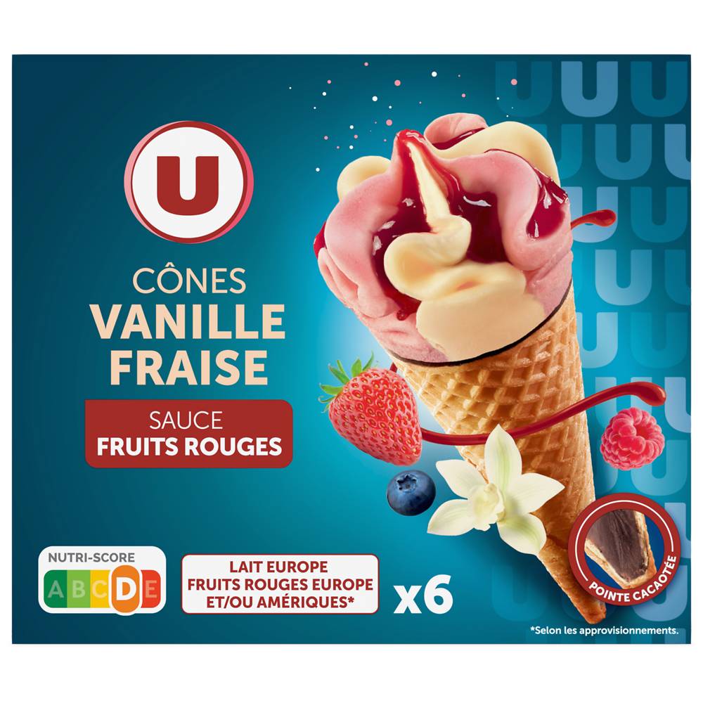 Les Produits U - Cônes glacés vanille fraise (384g)