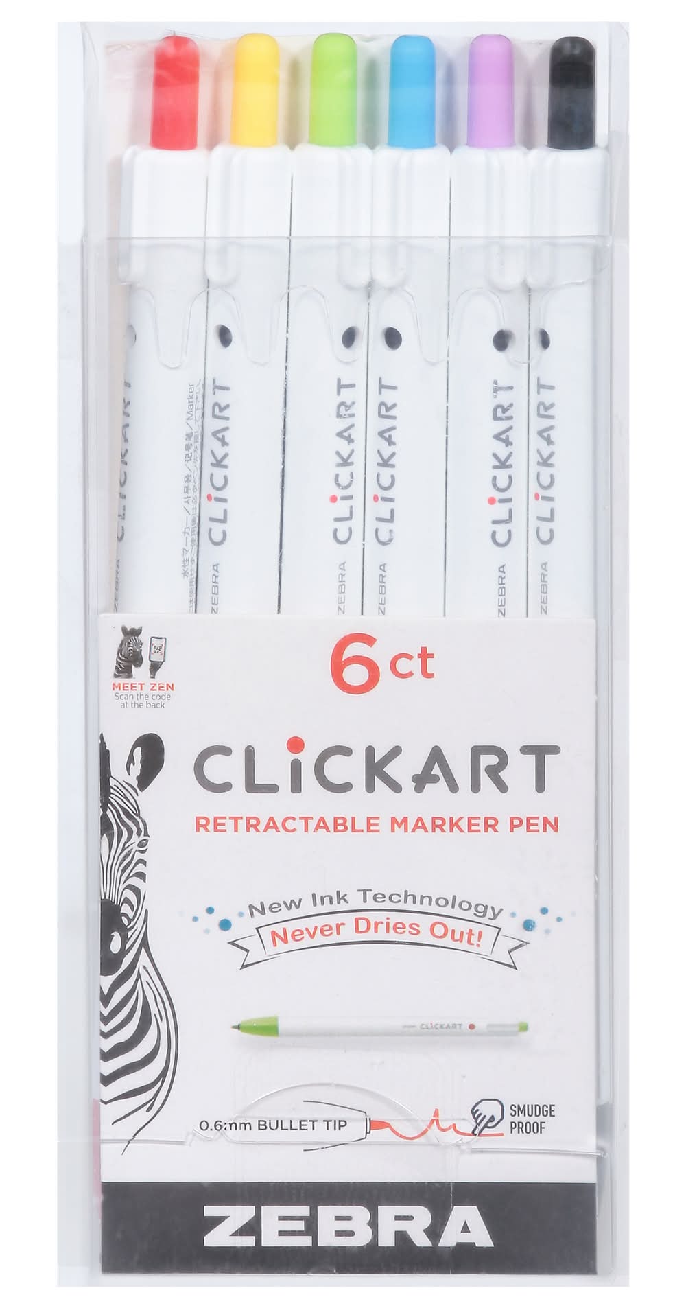 Zebra Clickart Retractable Marker Pen Bullet Tip, 0.6 mm, Assorted (10.5 oz, 6 ct)