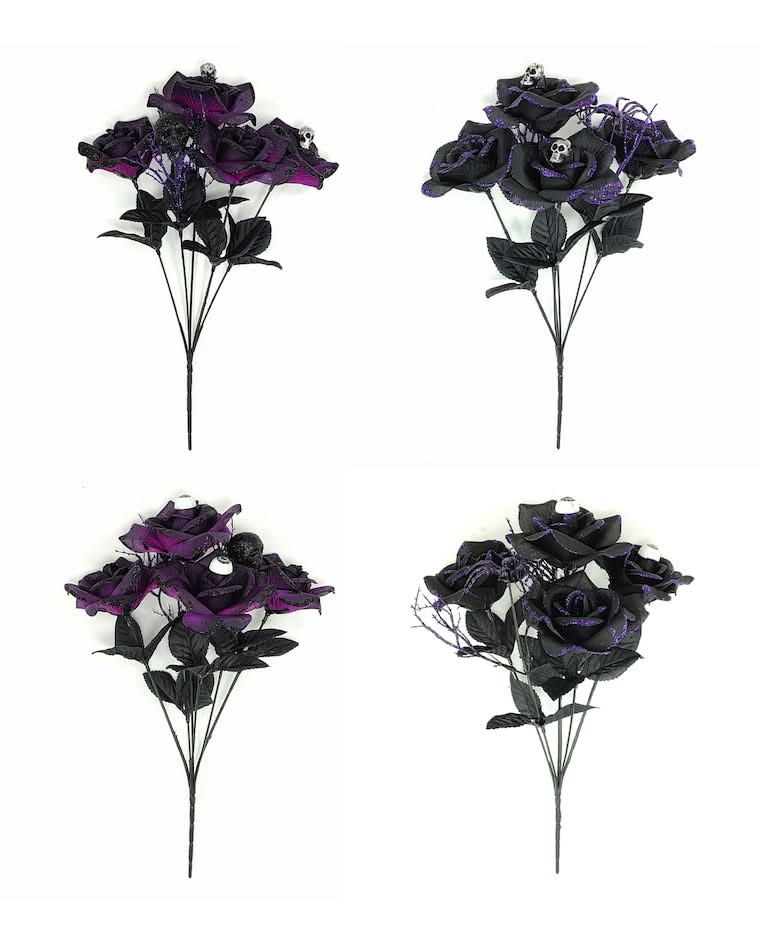 6-Stem Black and Purple Glitter Rose Bushes with Spiders and Eyeballs, 14.25 in.