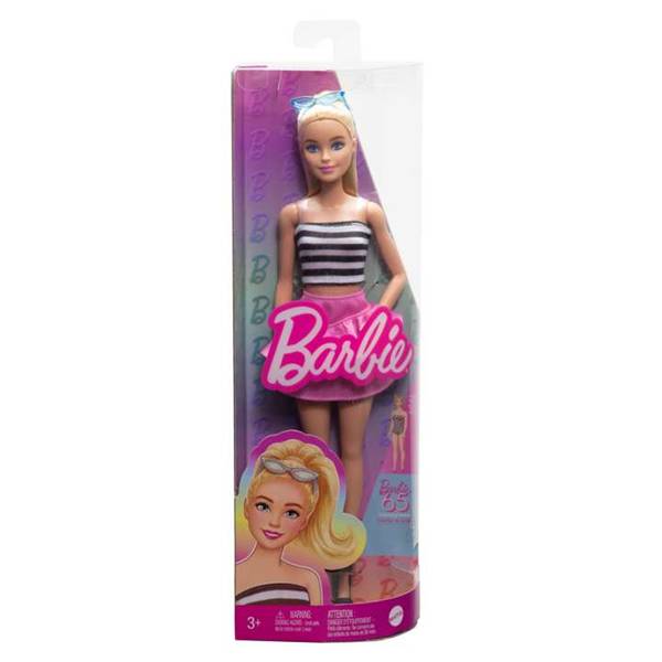 Barbie Fashionistas Doll #213, Blonde With Striped Top, Pink Skirt & Sunglasses, 65th Anniversary, 3+