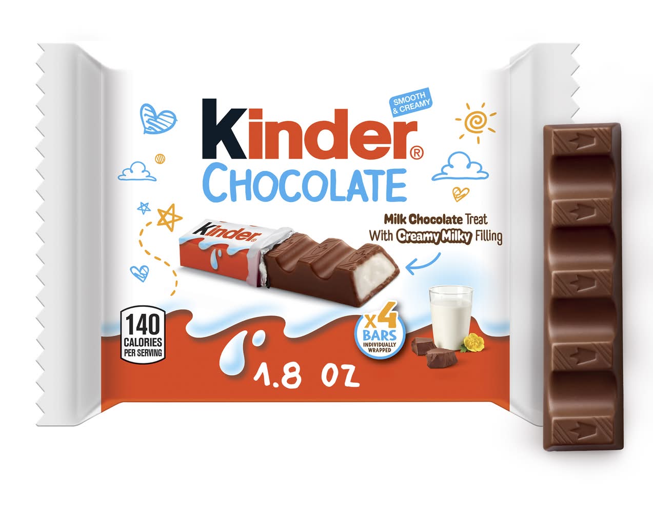 Kinder Smooth & Creamy Milk Treat With Milky Filling Bar, Chocolate (1.8 oz, 4 ct)