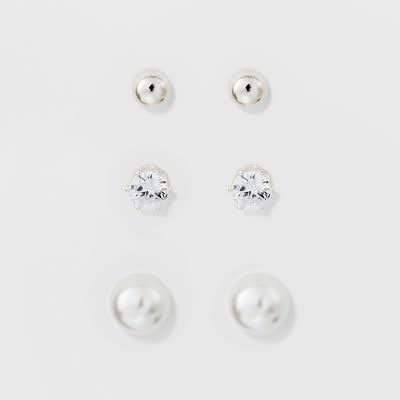 A New Day Stud Earring Set, Silver-White (3 ct)