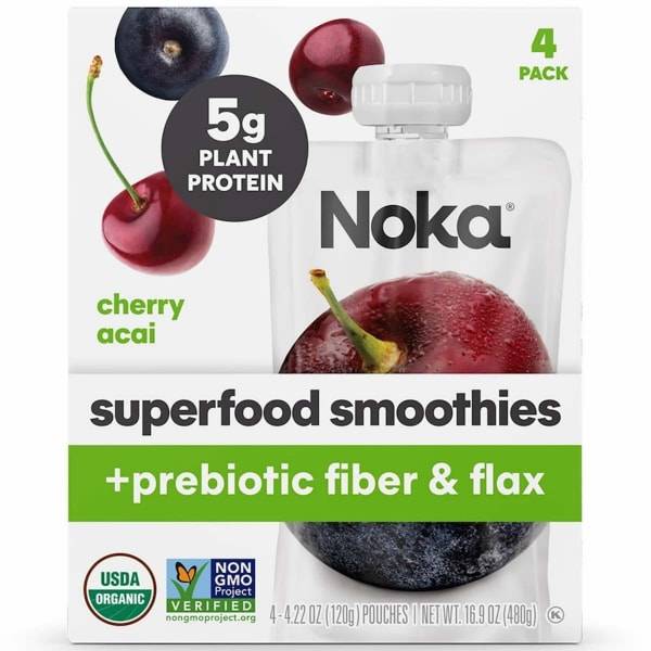Noka Superfood Fruit Smoothie Pouches, Cherry Acai, Healthy Snacks with Flax Seed, Prebiotic Fiber and Plant Protein, Vegan and Gluten Free, Organic Squeeze Pouch, 4.22 oz, 4 Count