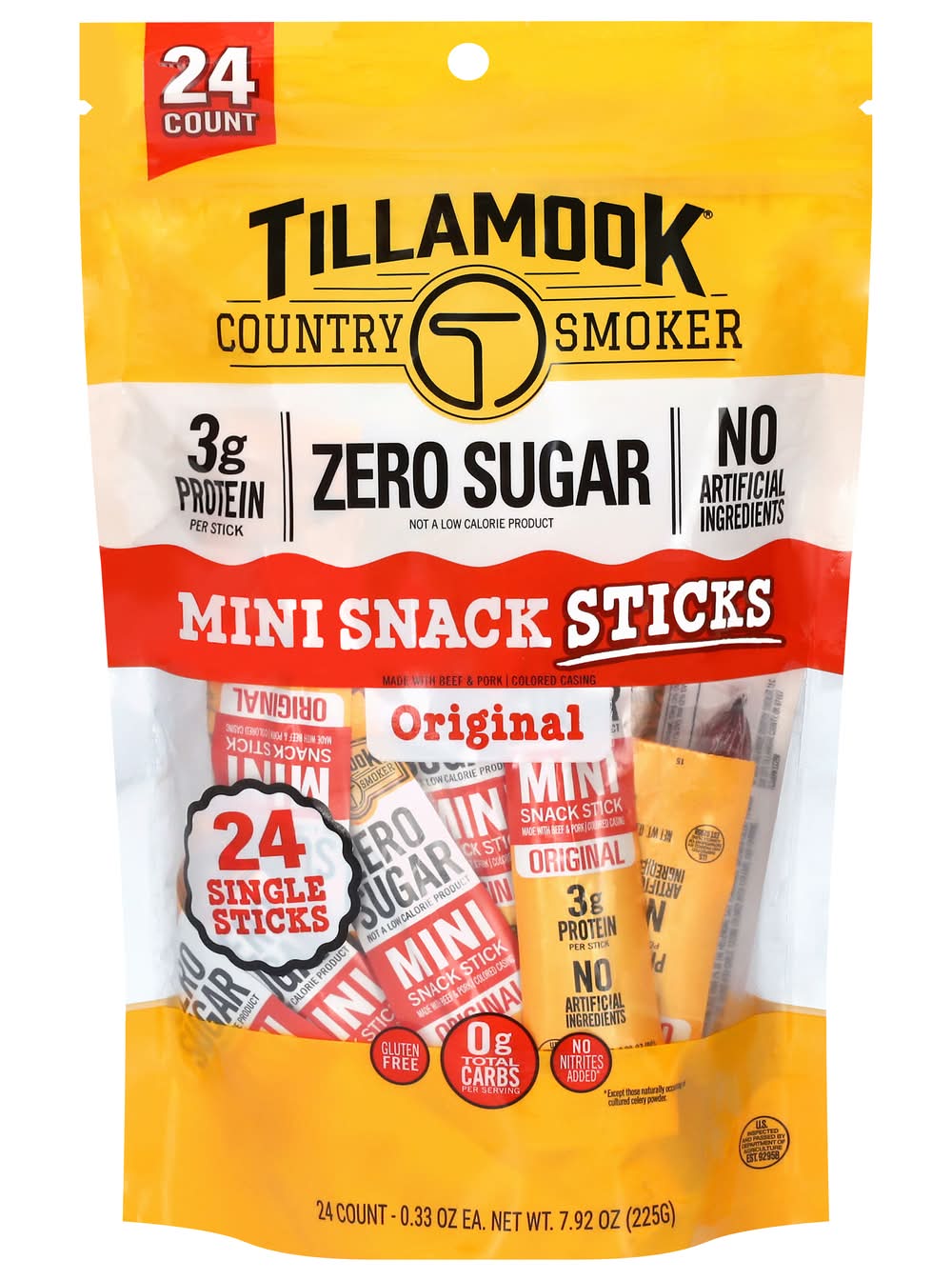 Tillamook Country Smokers Zero Sugar Mini Snack Sticks, Original (24 x 0.33 oz)