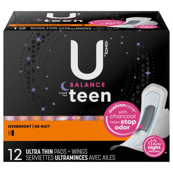 U By Kotex Teen Overnight Protection Ultra Thin Pads (12 pads)