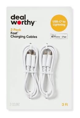 Dealworthy Lightning To Usb-C Charging Cable, 3 Ft, White (2 ct)