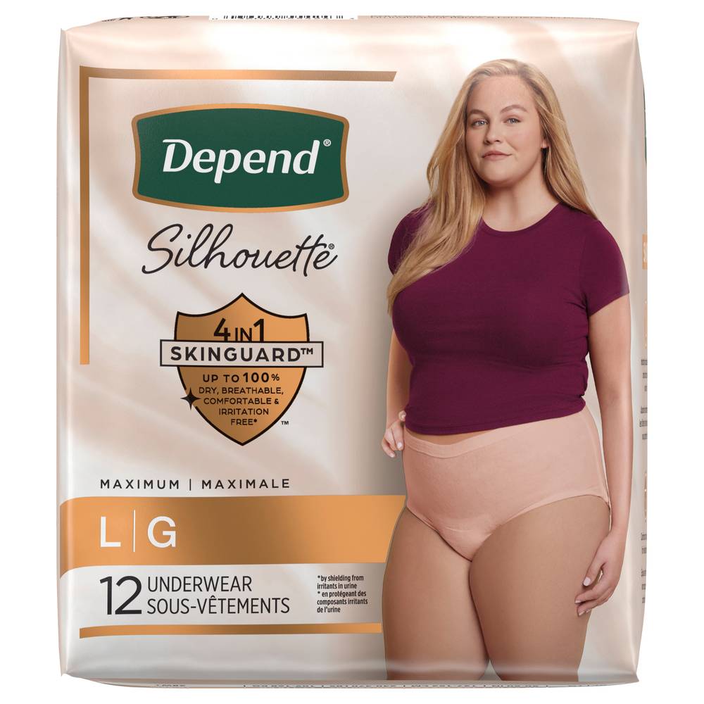 Depend Silhouette 4 in 1 Skinguard Incontinence & Postpartum Underwear For Women, L/G, Pink (12 ct)