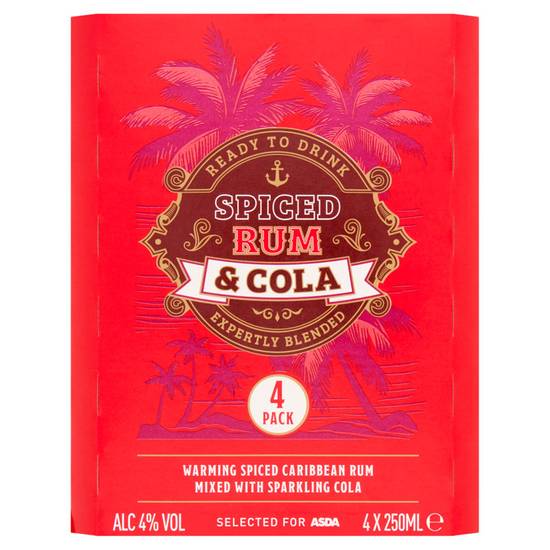 Asda Spiced Rum and Cola Ready To Drink 4x250ml