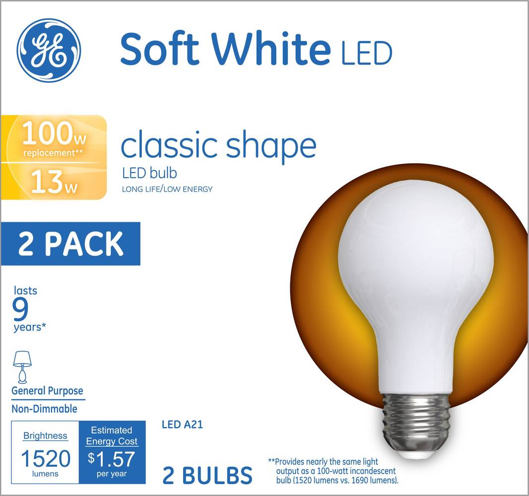 GE Classic Shape 13W Soft White LED Light Bulbs, A21, 2 ct