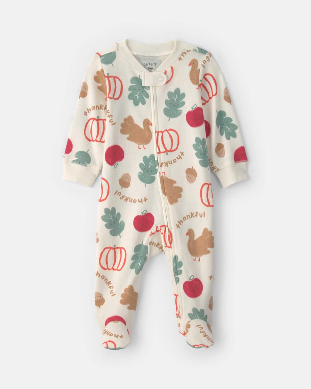 Baby Thanksgiving 100% Cotton 2-Way Zip Sleep & Play Pajamas - Cream - NB
