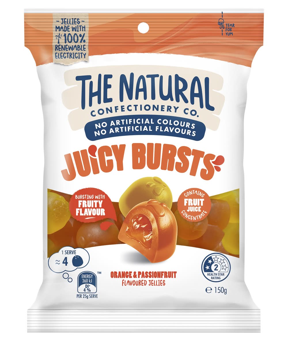 The Natural Confectionery Co. Juicy Bursts Lollies, Orange-Passionfruit (150g)