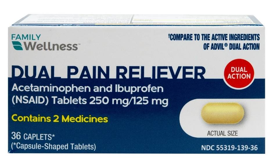 Family Wellness Dual Action Pain Reliver Caplets Box (36 ct)