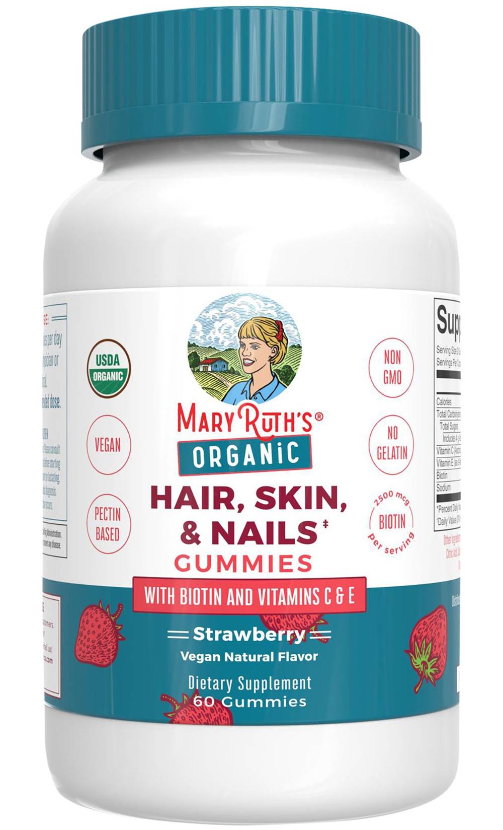 Organic Hair, Skin & Nails Gummies With Biotin And Vitamin C & E - Strawberry (60 Gummies)