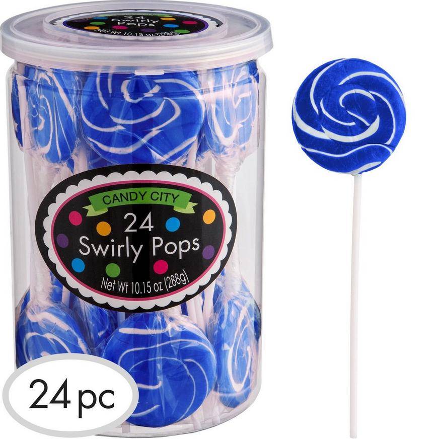 Royal Blue Swirly Lollipops, 24pc - Blue Raspberry Flavor