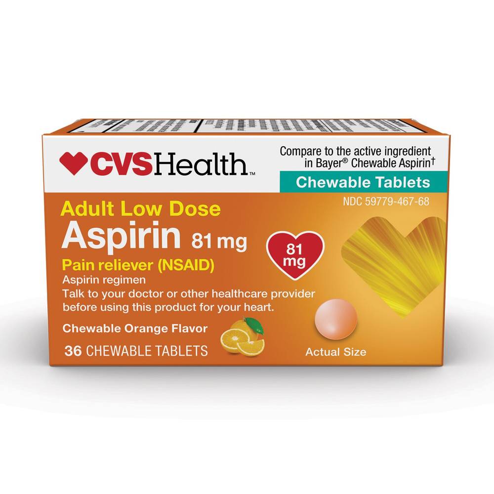 CVS Health Adult Low Dose Aspirin 81 mg Chewable Tablets, Orange (36 ct)