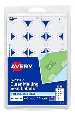 Avery Laser/Inkjet Mailing Seals, 1 Dia, Glossy Clear, 480 Seals/Pack (5248)