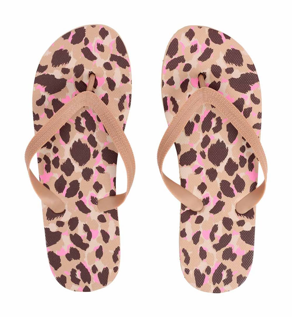 Ladies Leopard Print Flip Flop Sandals Tan Size Small