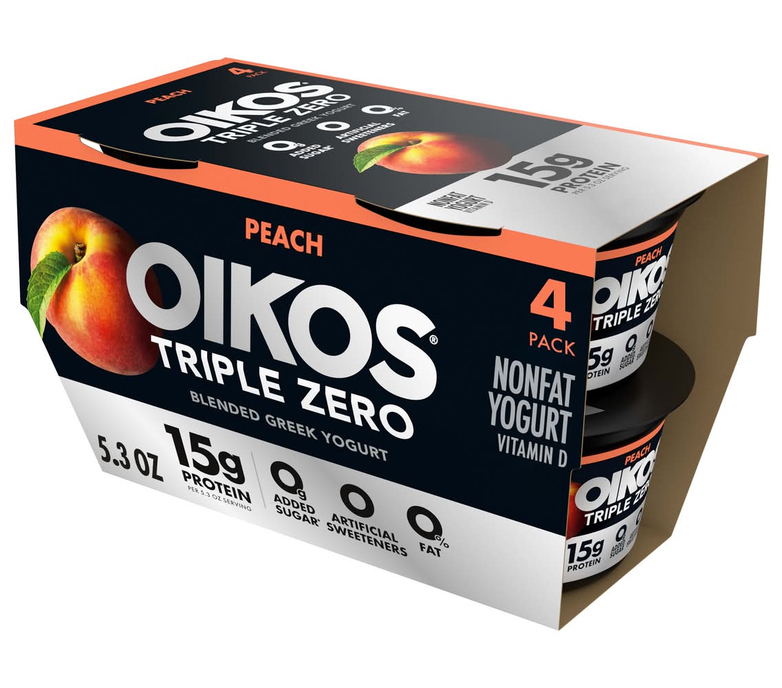 Oikos Triple Zero Blended Greek Yogurt, Peach (4 x 5.3 oz)