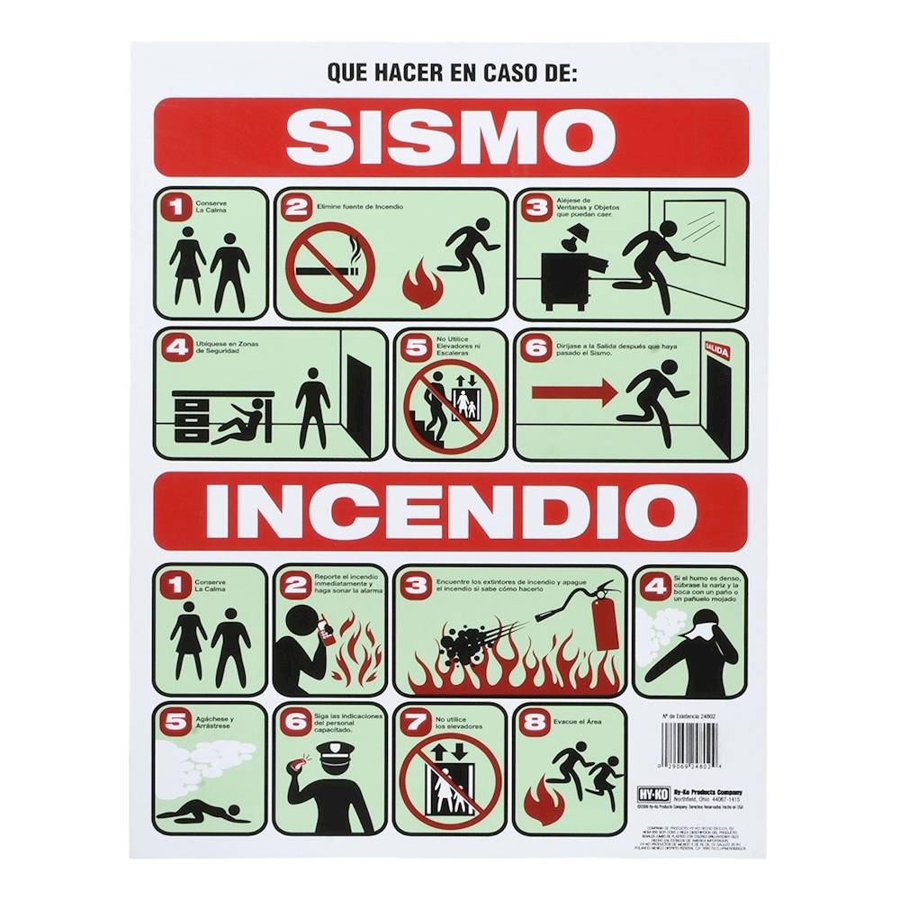 Hy-ko letrero seguridad sismos e incendios (1 pieza)