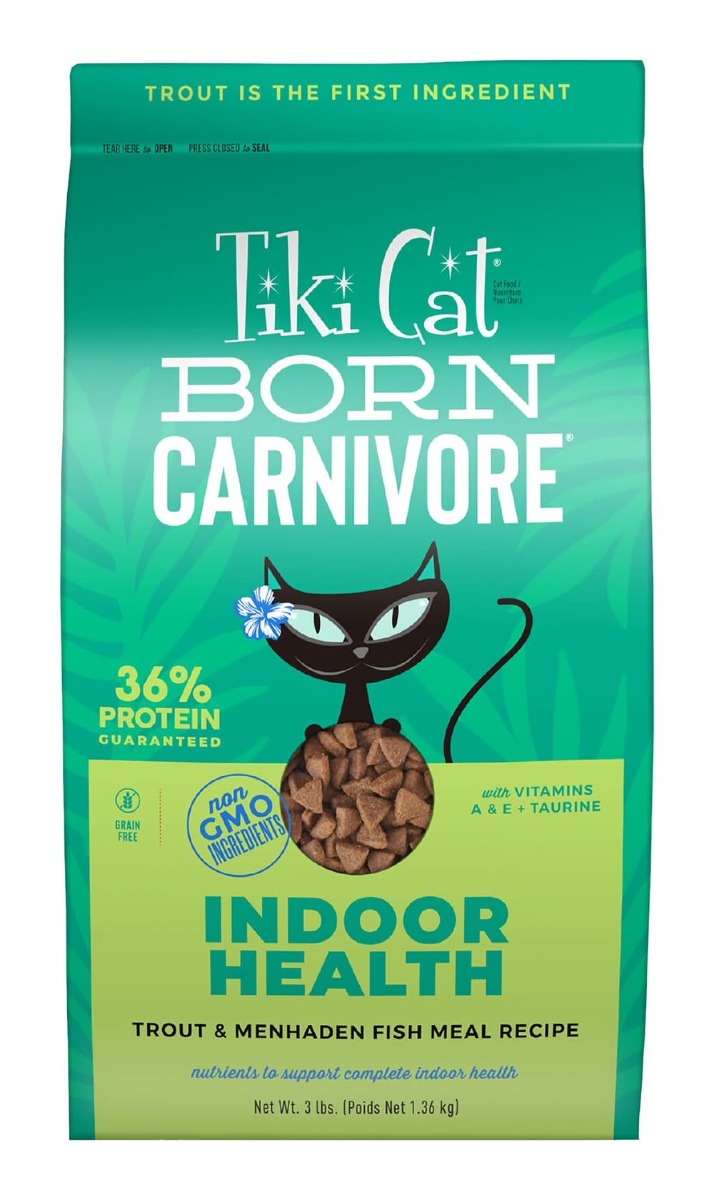 Tiki Cat® Born Carnivore® Indoor Health Dry Cat Food - High Protein, Non-GMO, Trout & Menhaden Fish (Flavor: Trout & Menhaden Fish, Size: 3 Lb)