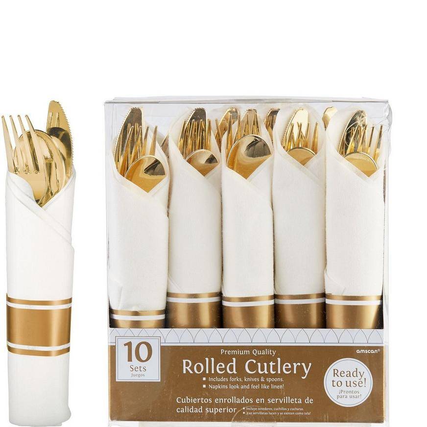 Amscan Rolled Metallic Gold Premium Plastic Cutlery Juegos Sets (10 ct) (7 3/4in x 9in )